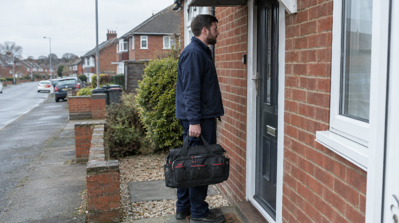 A heating engineer arriving at the front door of a house